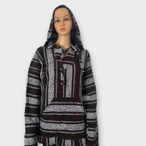 Authentic Mexican Baja woven pullover hoodie boxy wide stripes black gray WomenM